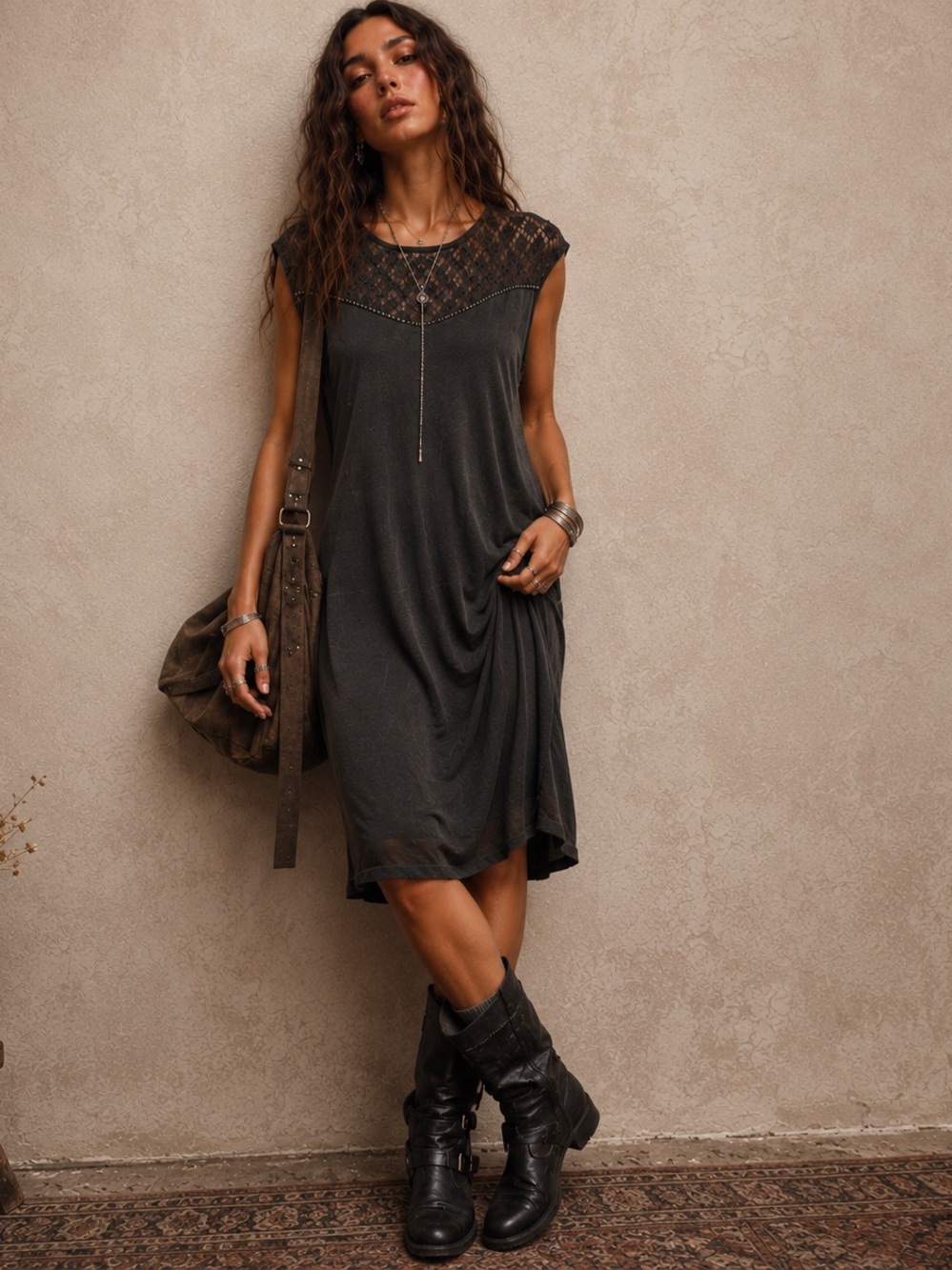 Garcia Jeans Oversized Lace Yoke Cowl Back Dress | Boho Festival